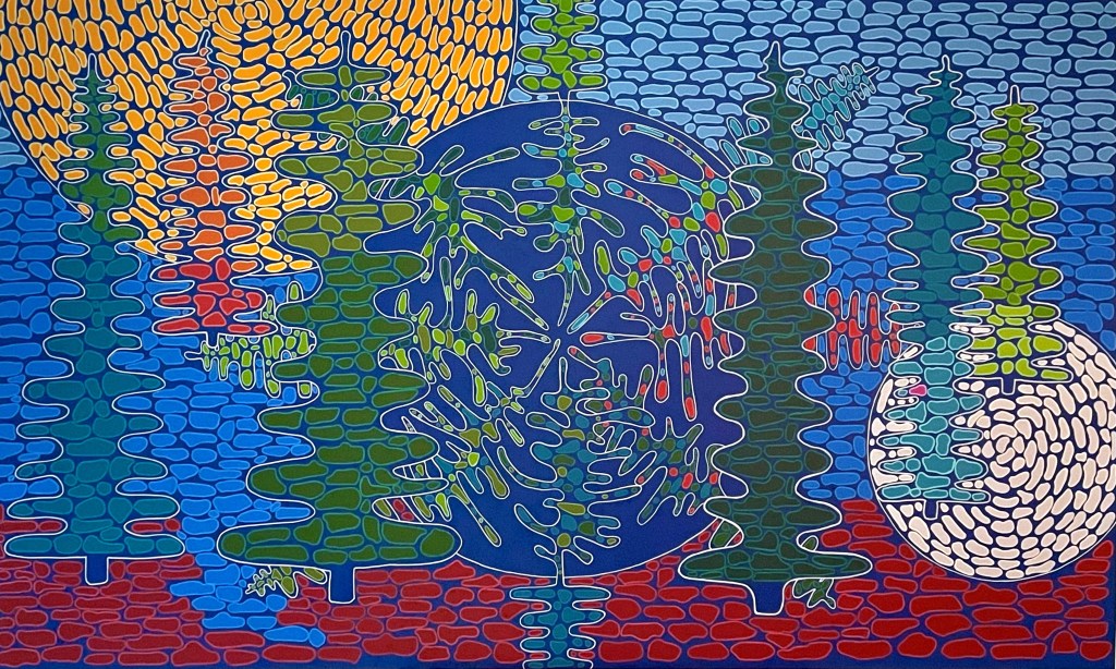Painting , abstract , Trees earth moon sun. Title: Listen to the Trees - Cosmic