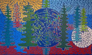 Painting , abstract , Trees earth moon sun. Title: Listen to the Trees - Cosmic